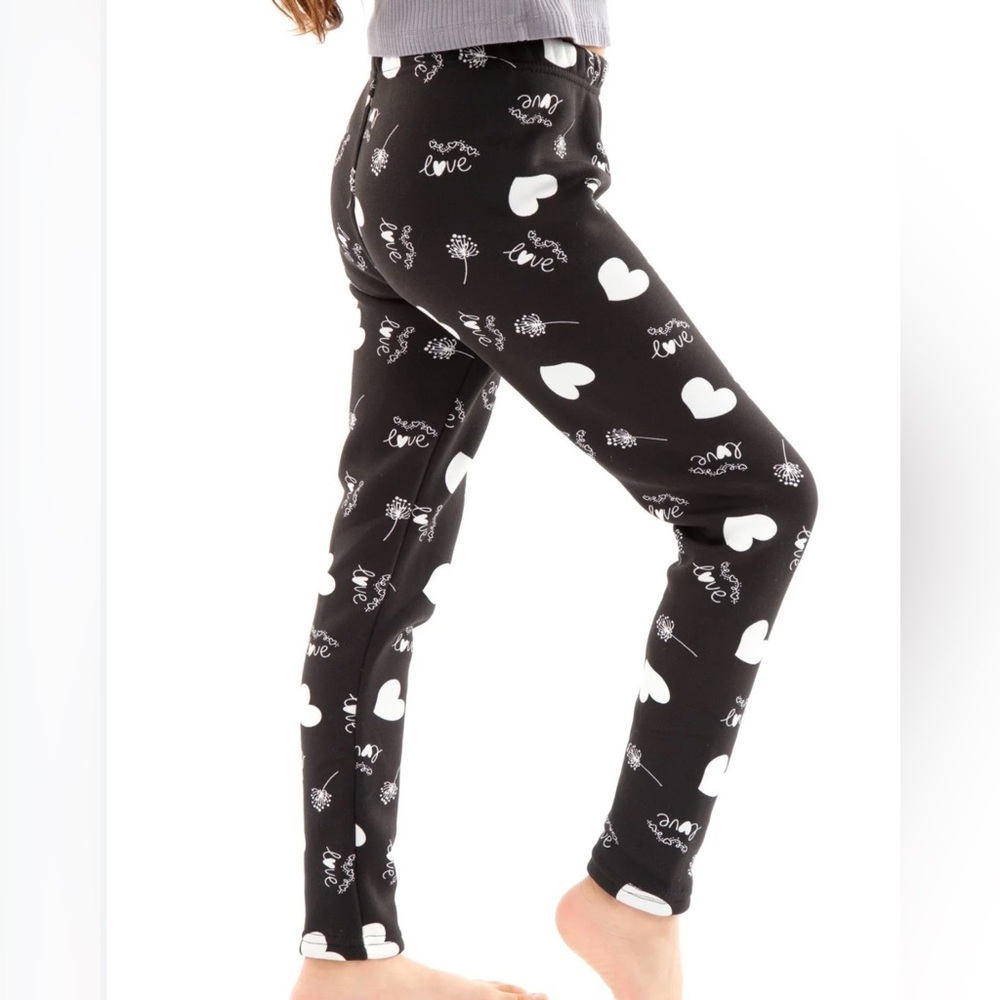 Just Cozy Fleece Lined Black Leggings with White Heart Print Size M/L